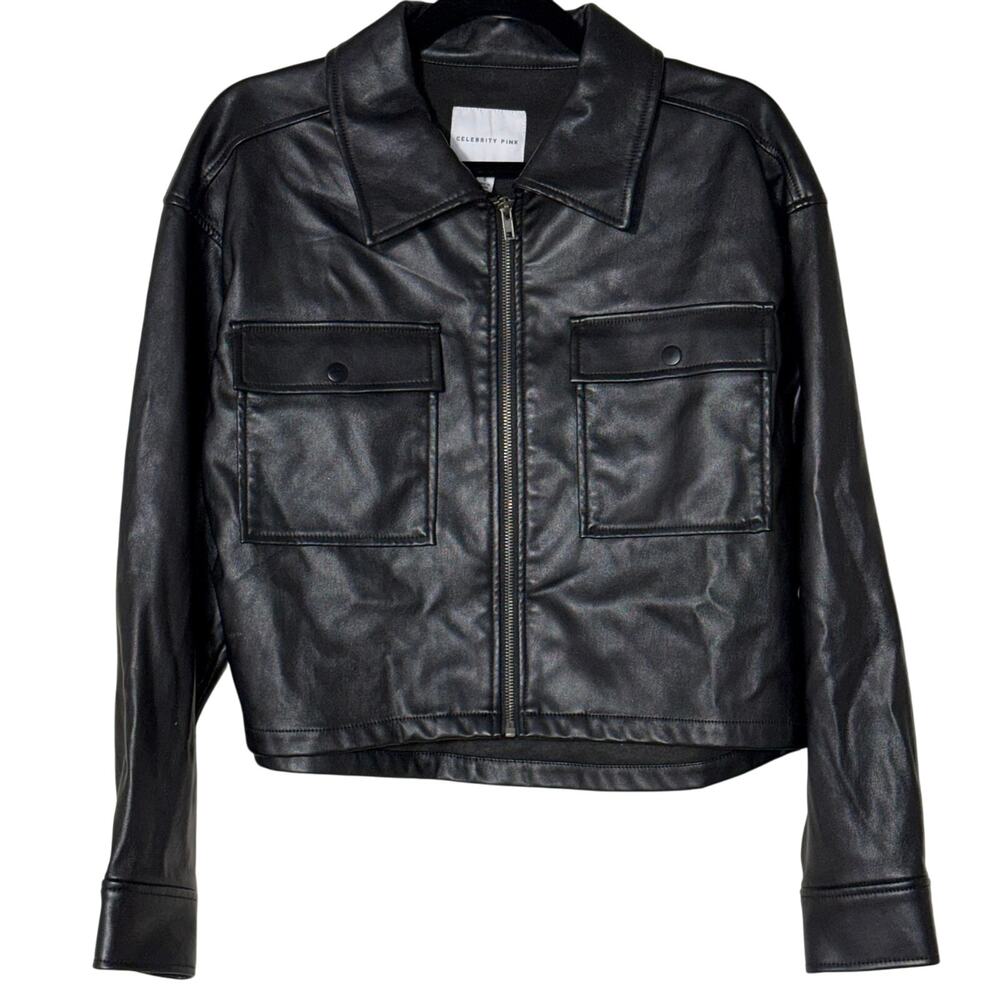 Celebrity Pink Black Faux Leather Jacket Womens Small Cropped Moto Zip Up L7